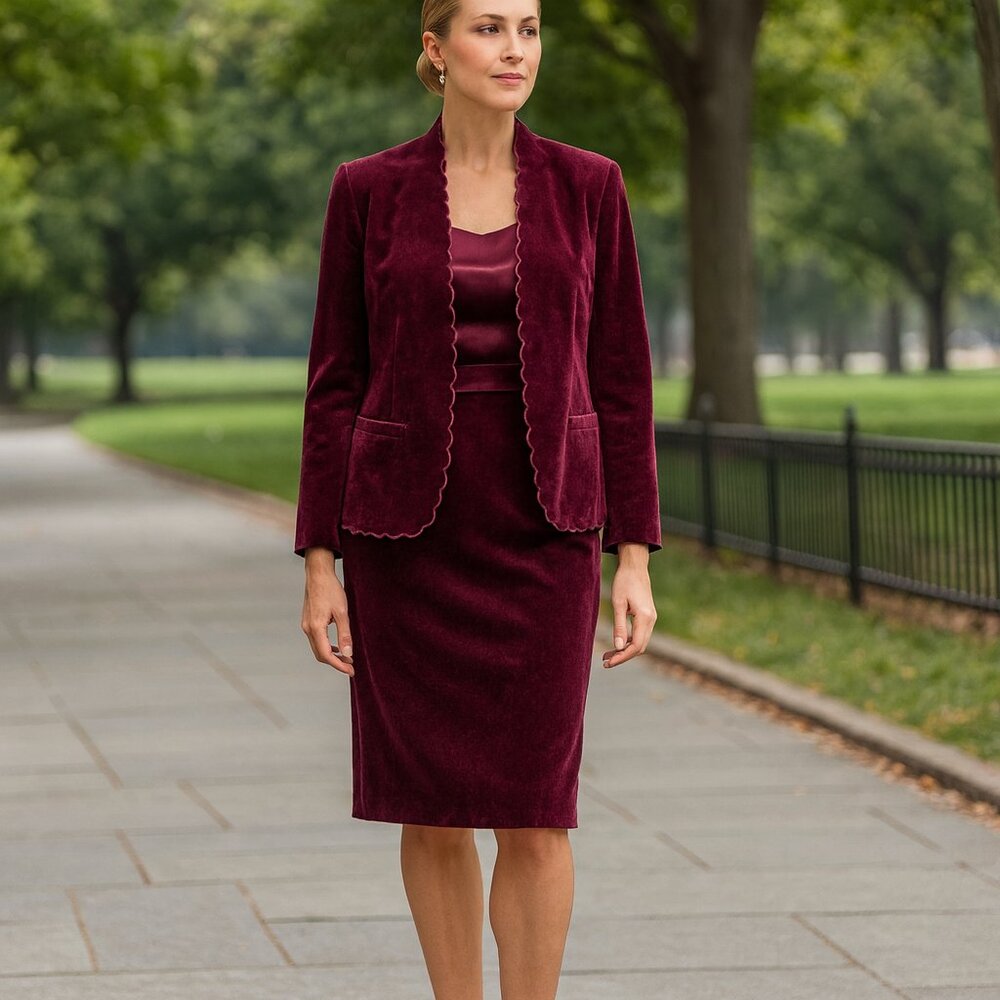 Vintage Accent Burgundy‎ Blazer Skirt Velvet 2pc set